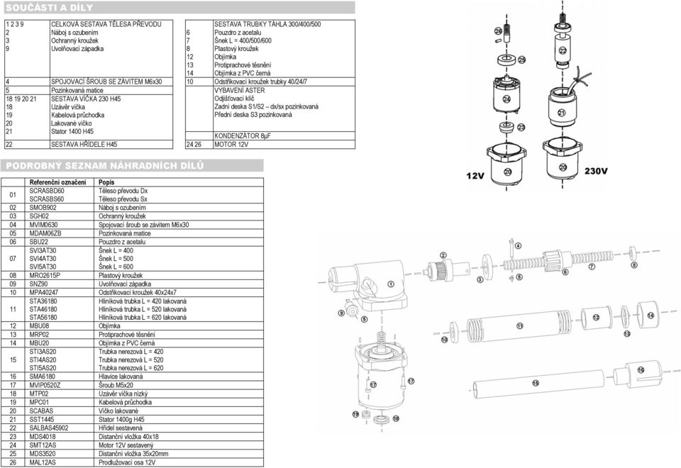 21 SESTAVA VÍČKA 230 H45 18 Uzávěr víčka 19 Kabelová průchodka 20 Lakované víčko 21 Stator 1400 H45 Odjišťovací klíč Zadní deska S1/S2 dx/sx pozinkovaná Přední deska S3 pozinkovaná KONDENZÁTOR 8µF 22