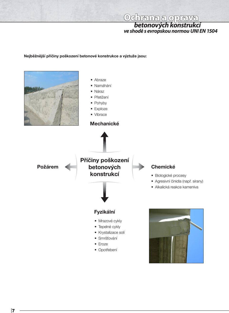Mechanické Požárem Příčiny poškození betonových konstrukcí Chemické Biologické procesy Agresivní činidla