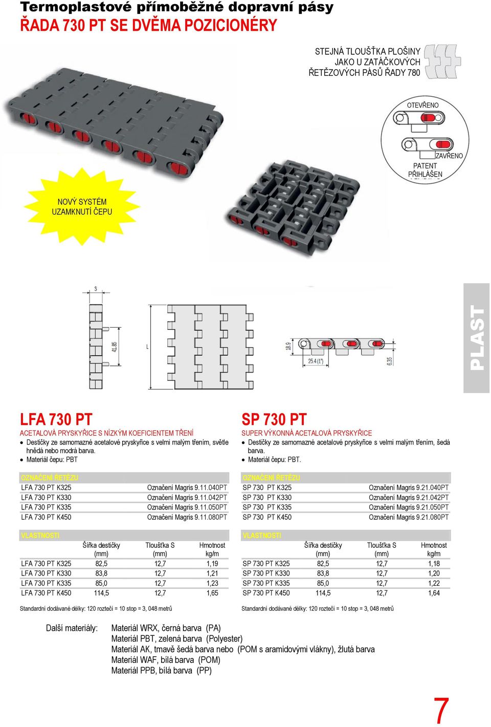 Materiál čepu: PBT SP 7 PT SUPER VÝKONNÁ ACETALOVÁ PRYSKYŘICE Destičky ze samomazné acetalové pryskyřice s velmi malým třením, šedá barva. Materiál čepu: PBT.