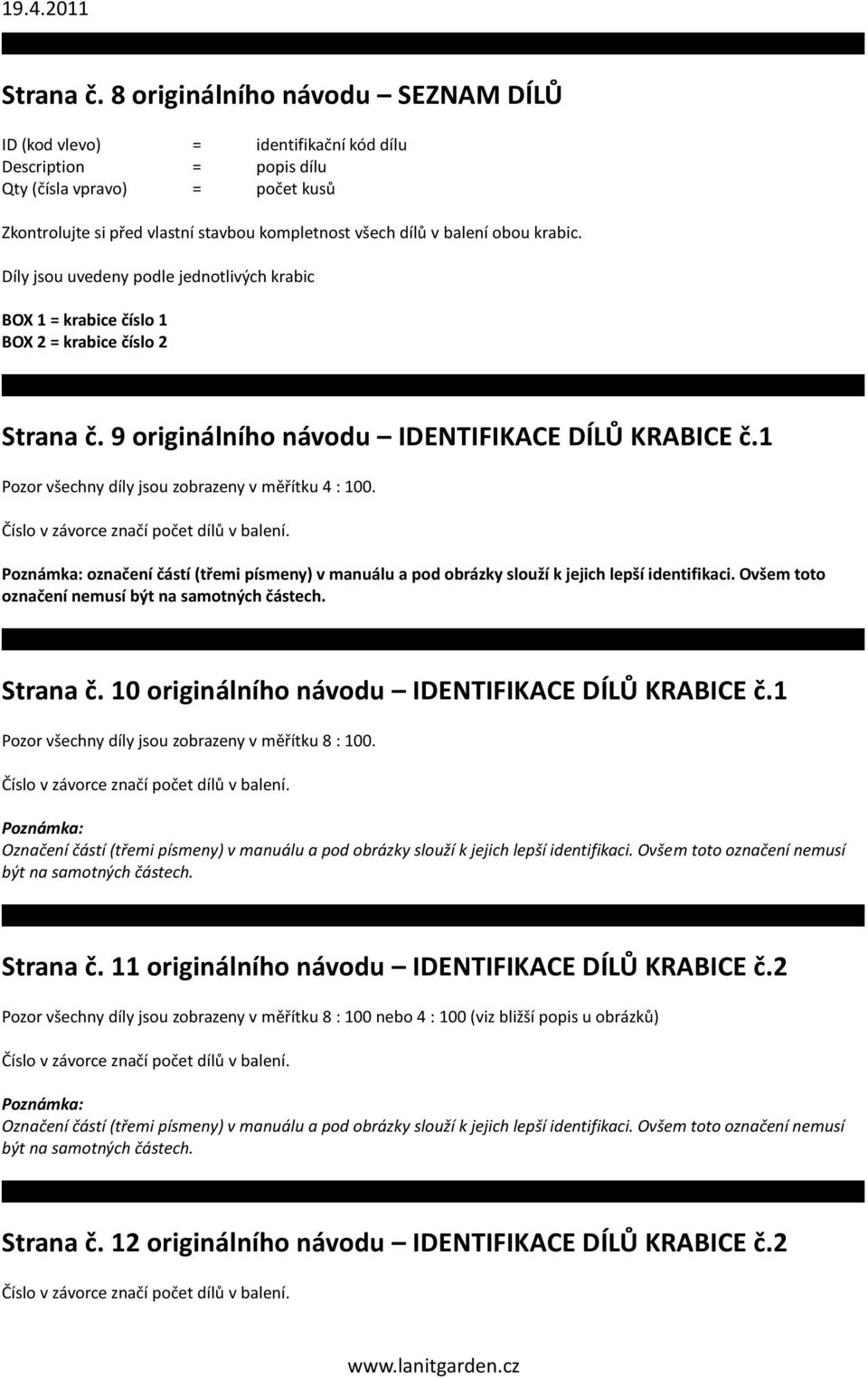 obou krabic. Díly jsou uvedeny podle jednotlivých krabic BOX 1 = krabice číslo 1 BOX 2 = krabice číslo 2  9 originálního návodu IDENTIFIKACE DÍLŮ KRABICE č.