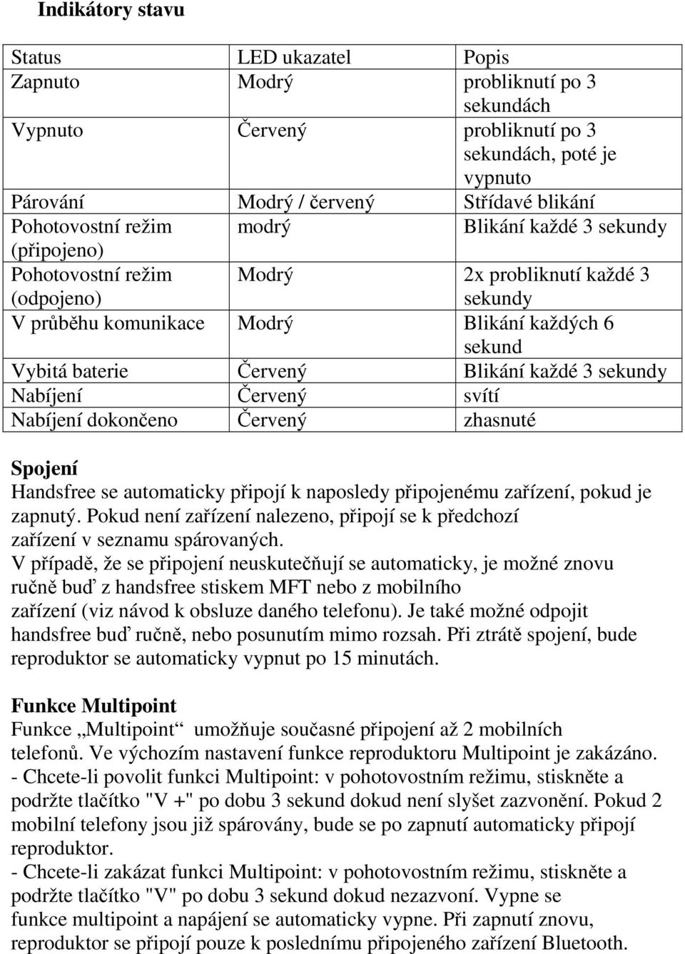 Červený svítí Nabíjení dokončeno Červený zhasnuté Spojení Handsfree se automaticky připojí k naposledy připojenému zařízení, pokud je zapnutý.
