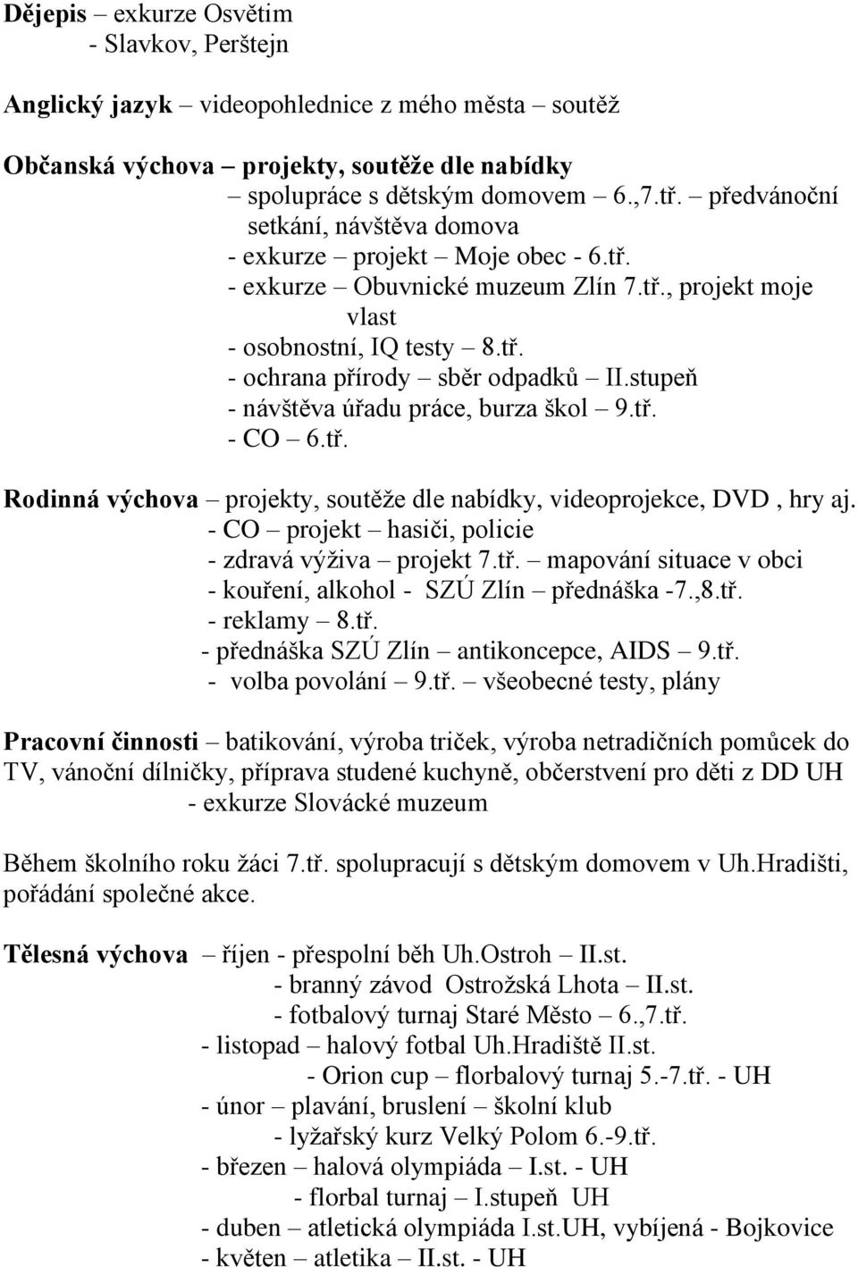 stupeň - návštěva úřadu práce, burza škol 9.tř. - CO 6.tř. Rodinná výchova projekty, soutěže dle nabídky, videoprojekce, DVD, hry aj. - CO projekt hasiči, policie - zdravá výživa projekt 7.tř. mapování situace v obci - kouření, alkohol - SZÚ Zlín přednáška -7.