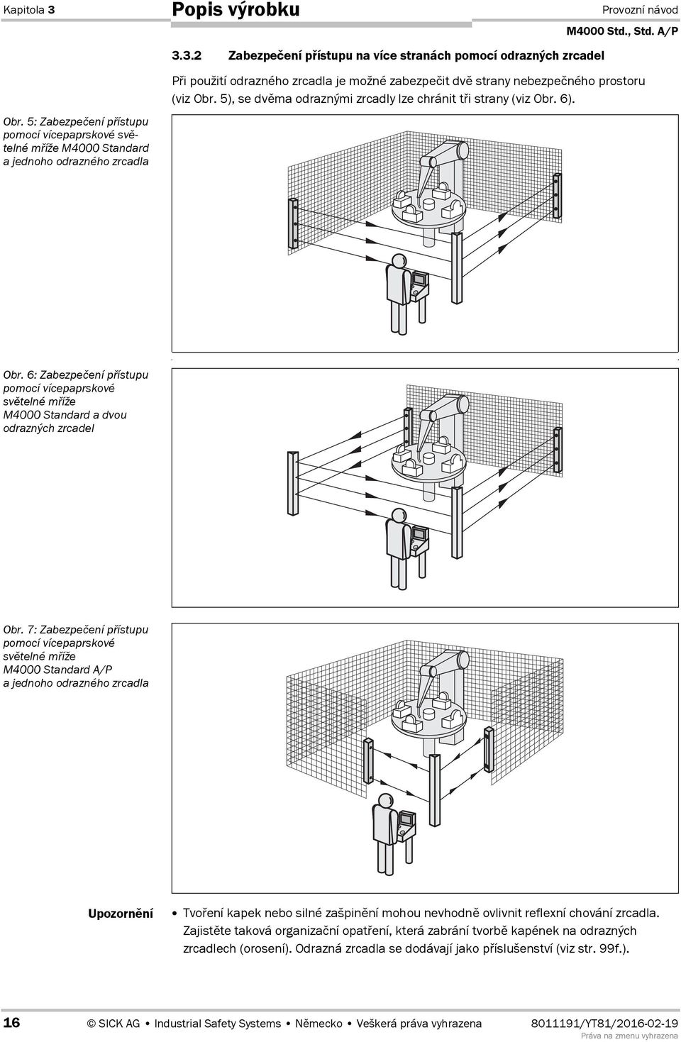 7: Zabezpe'ení pístupu pomocí vícepaprskové sv/telné míže M4000 Standard A/P a jednoho odrazného zrcadla Tvo/ení kapek nebo silné zašpinní mohou nevhodn ovlivnit reflexní chování zrcadla.