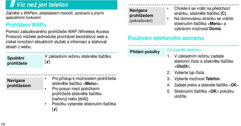 Pro přístup k možnostem prohlížeče stiskněte tlačítko <Menu>. Pro posun mezi položkami prohlížeče stiskněte tlačítko [nahoru] nebo [dolů]. Položku vyberete stisknutím tlačítka [ ].