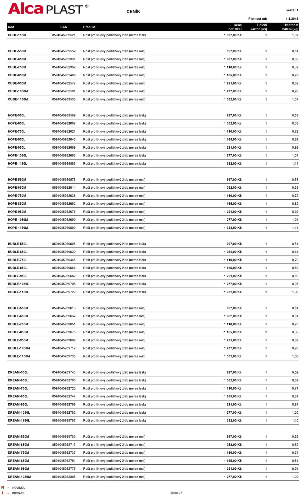 podlahový žlab (nerez mat) 1 165,00 Kč 1 0,79 CUBE-950M 8594045932577 Rošt pro liniový podlahový žlab (nerez mat) 1 221,00 Kč 1 0,89 CUBE-1050M 8594045932591 Rošt pro liniový podlahový žlab (nerez