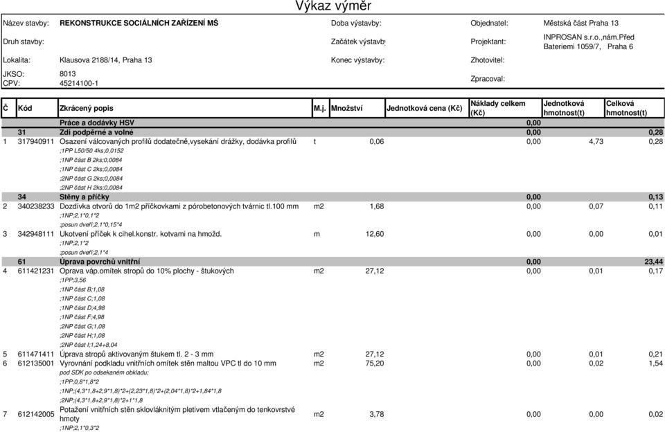 dodatečně,vysekání drážky, dodávka profilů t 0,06 4,73 0,28 ;1PP L50/50 4ks;0,0152 ;1NP část B 2ks;84 ;1NP část C 2ks;84 ;2NP část G 2ks;84 ;2NP část H 2ks;84 34 Stěny a příčky 0,13 2 340238233