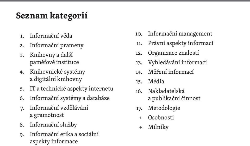 Informační vzdělávání a gramotnost 8. Informační služby 9. Informační etika a sociální aspekty informace 10.