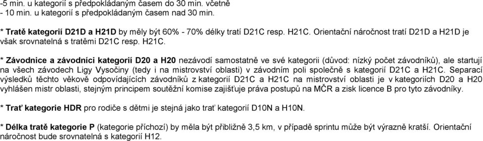 * Závodnice a závodníci kategorií D20 a H20 nezávodí samostatně ve své kategorii (důvod: nízký počet závodníků), ale startují na všech závodech Ligy Vysočiny (tedy i na mistrovství oblasti) v