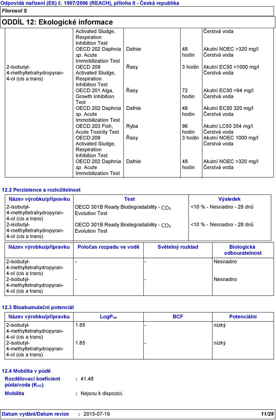 Acute Immobilization Test OECD 203 Fish, Acute Toxicity Test OECD 209 Activated Sludge, Respiration Inhibition Test OECD 202 Daphnia sp.