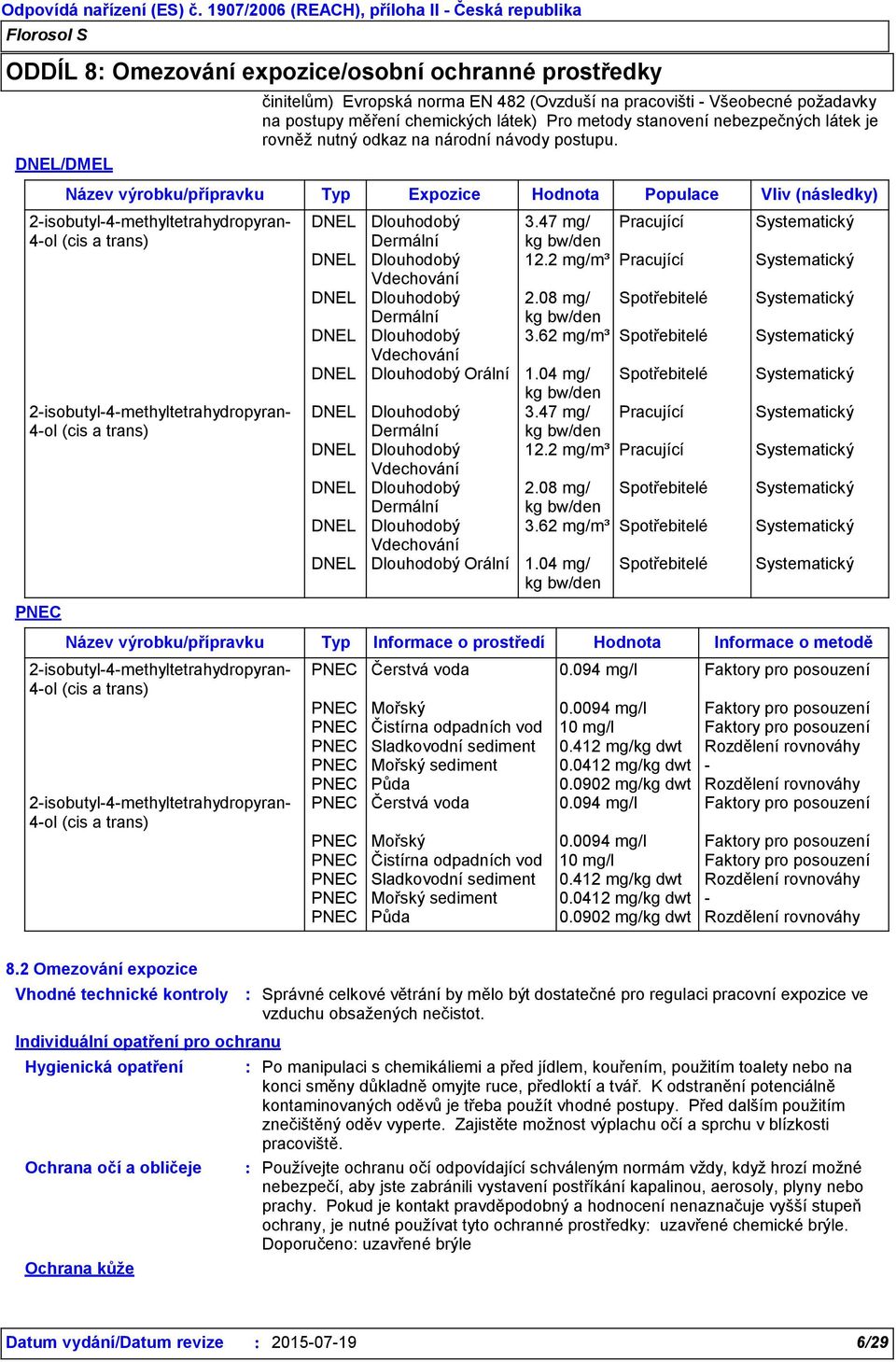 47 mg/ Pracující Systematický Dermální kg bw/den DNEL Dlouhodobý 12.2 mg/m³ Pracující Systematický Vdechování DNEL Dlouhodobý 2.08 mg/ Spotřebitelé Systematický Dermální kg bw/den DNEL Dlouhodobý 3.