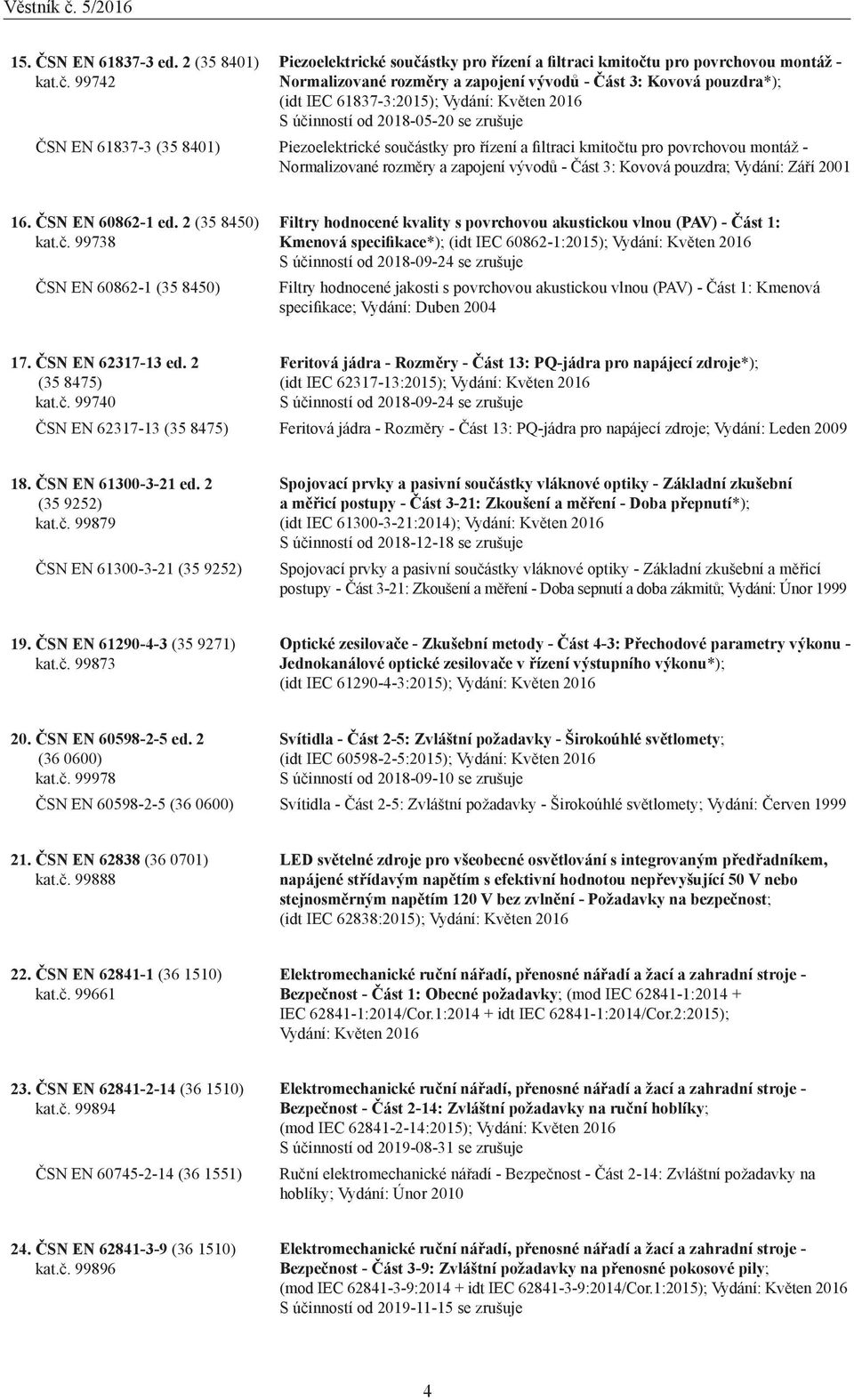 S účinností od 2018-05-20 se zrušuje ČSN EN 61837-3 (35 8401) Piezoelektrické součástky pro řízení a filtraci kmitočtu pro povrchovou montáž - Normalizované rozměry a zapojení vývodů - Část 3: Kovová