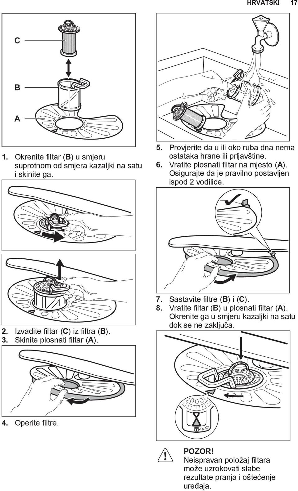 Osigurajte da je pravilno postavljen ispod 2 vodilice. 2. Izvadite filtar (C) iz filtra (B). 3. Skinite plosnati filtar (A). 7.