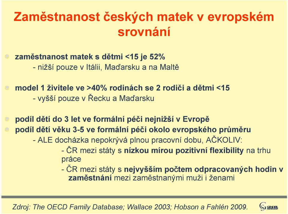 okolo evropského průměru - ALE docházka nepokrývá plnou pracovní dobu, AČKOLIV: - ČR mezi státy s nízkou mírou pozitivní flexibility na trhu práce - ČR