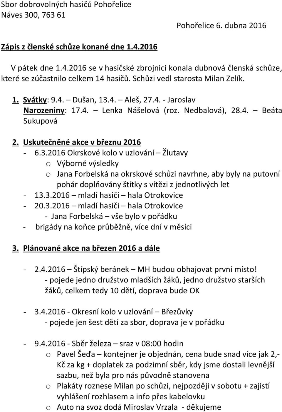 4. Lenka Nášelová (roz. Nedbalová), 28.4. Beáta Sukupová 2. Uskutečněné akce v březnu 2016-6.3.