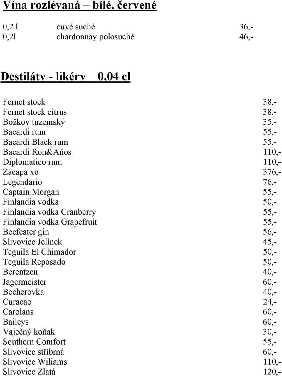 Finlandia vodka Cranberry 55,- Finlandia vodka Grapefruit 55,- Beefeater gin 56,- Slivovice Jelínek 45,- Teguila El Chimador 50,- Teguila Reposado 50,- Berentzen 40,-