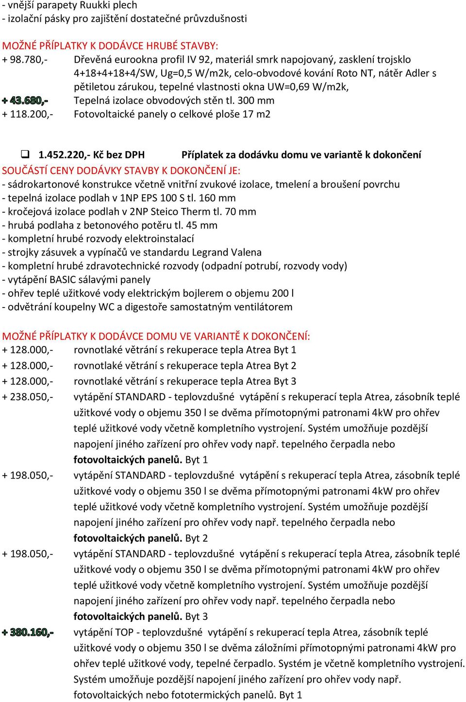 UW=0,69 W/m2k, Tepelná izolace obvodových stěn tl. 300 mm + 118.200,- Fotovoltaické panely o celkové ploše 17 m2 1.452.