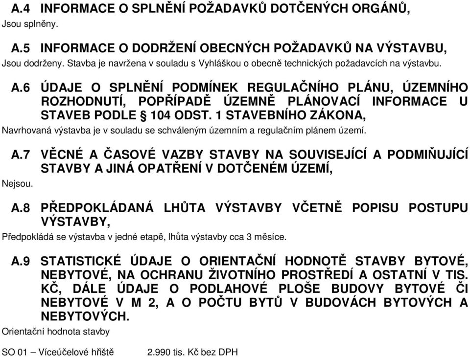 6 ÚDAJE O SPLNĚNÍ PODMÍNEK REGULAČNÍHO PLÁNU, ÚZEMNÍHO ROZHODNUTÍ, POPŘÍPADĚ ÚZEMNĚ PLÁNOVACÍ INFORMACE U STAVEB PODLE 104 ODST.