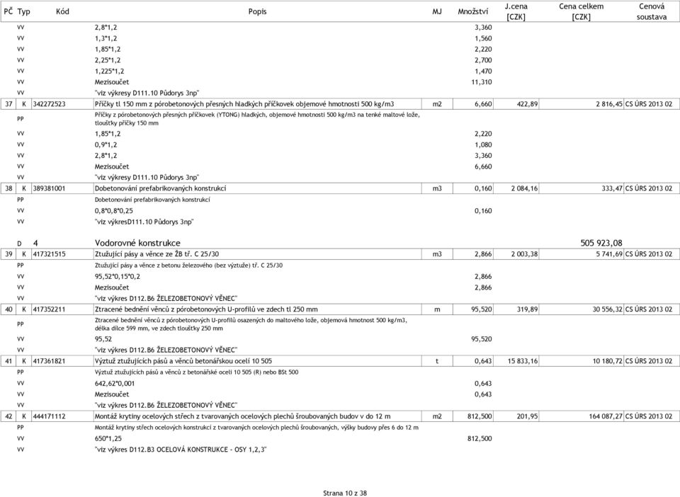 příčkovek (YTONG) hladkých, objemové hmotnosti 500 kg/m3 na tenké maltové lože, tloušťky příčky 150 mm 1,85*1,2 2,220 0,9*1,2 1,080 2,8*1,2 3,360 Mezisoučet 6,660 "viz výkresy D111.