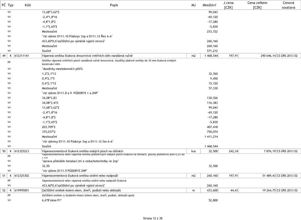 290 646,14 CS ÚRS 2013 02 Omítka vápenná vnitřních ploch nanášená ručně dvouvrstvá, tloušťky jádrové omítky do 10 mm štuková svislých konstrukcí stěn "dozdívky meziokenních pilířů 1,2*2,1*13 32,760