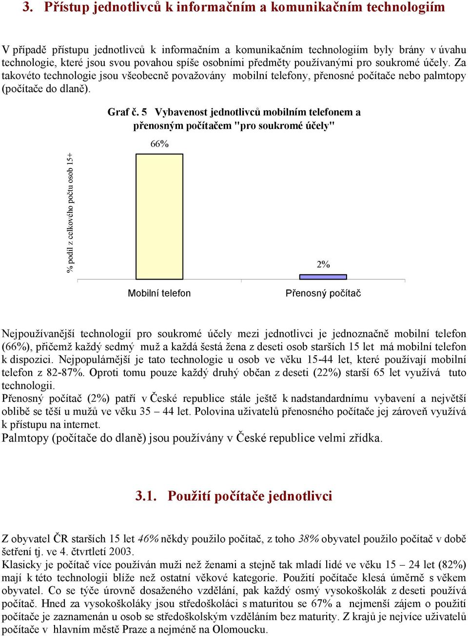 5 Vybavenost jednotlivců mobilním telefonem a přenosným počítačem "pro soukromé účely" 66% % podíl z celkového počtu osob 15+ 2% Mobilní telefon Přenosný počítač Nejpoužívanější technologií pro