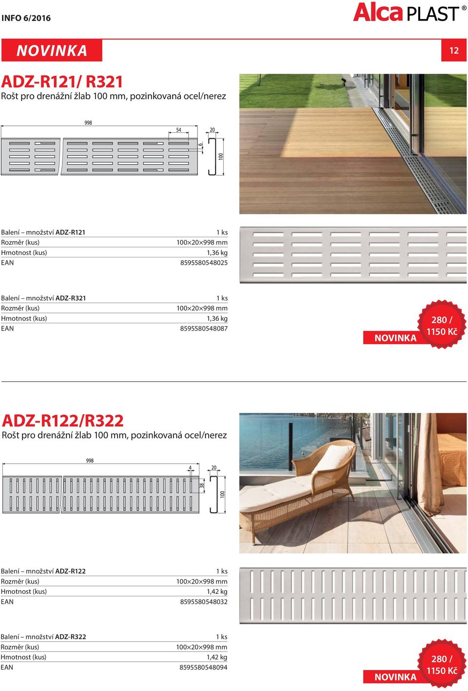 1150 Kč ADZ-R122/R322 Rošt pro drenážní žlab 100 mm, pozinkovaná ocel/nerez Balení množství ADZ-R122 100