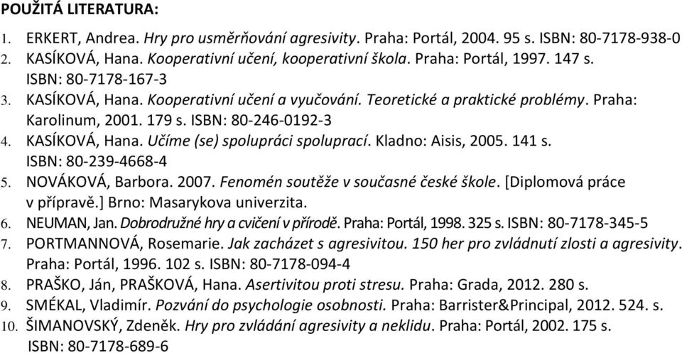 Kladno: Aisis, 2005. 141 s. ISBN: 80-239-4668-4 5. NOVÁKOVÁ, Barbora. 2007. Fenomén soutěže v současné české škole. [Diplomová práce v přípravě.] Brno: Masarykova univerzita. 6. NEUMAN, Jan.