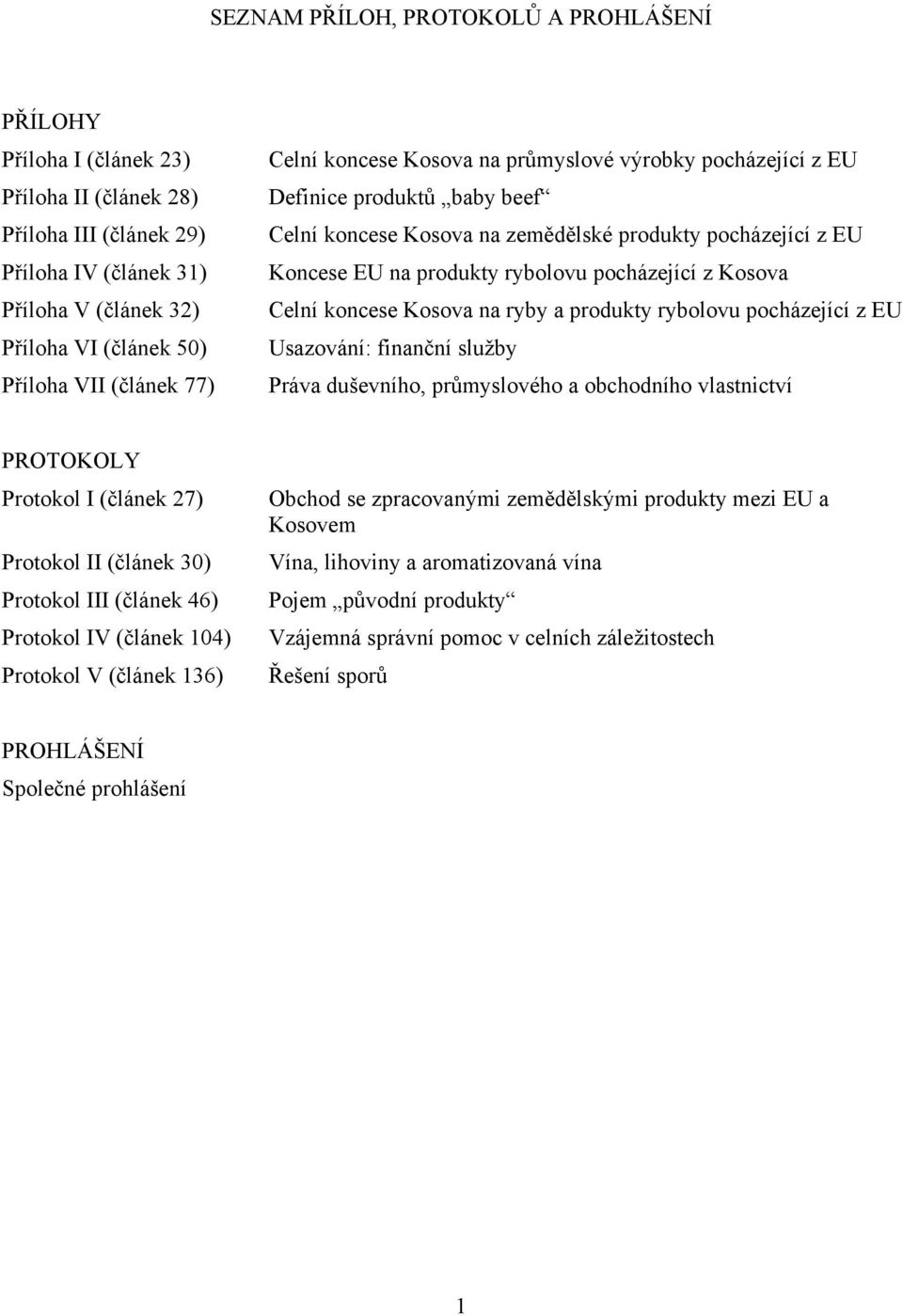 pocházející z Kosova Celní koncese Kosova na ryby a produkty rybolovu pocházející z EU Usazování: finanční služby Práva duševního, průmyslového a obchodního vlastnictví PROTOKOLY Protokol I (článek