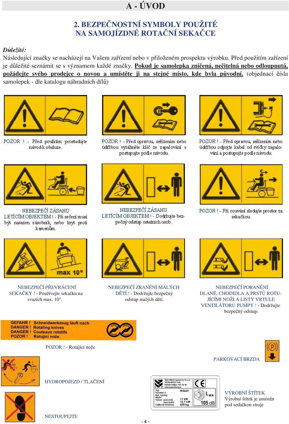 Pokud je samolepka zničená, nečitelná nebo odloupnutá, požádejte svého prodejce o novou a umístěte ji na stejné místo, kde byla původní.