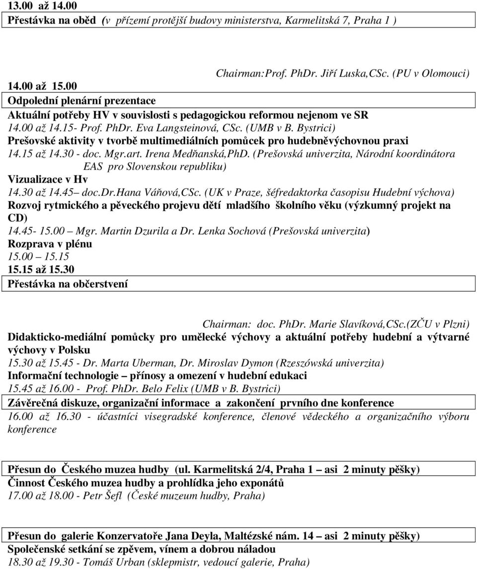 Bystrici) Prešovské aktivity v tvorbě multimediálních pomůcek pro hudebněvýchovnou praxi 14.15 až 14.30 - doc. Mgr.art. Irena Medňanská,PhD.