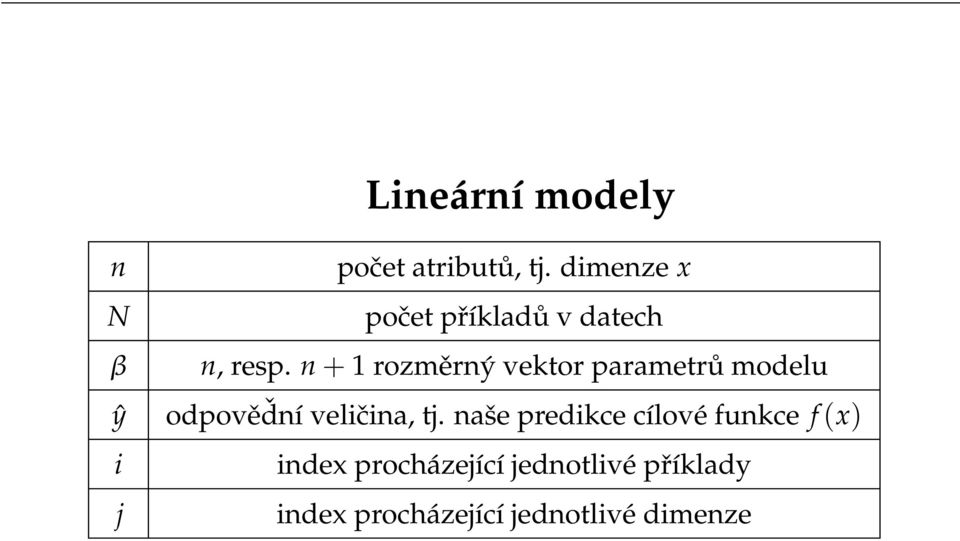 n + 1 rozměrný vektor parametrů modelu odpověďní veličina, tj.