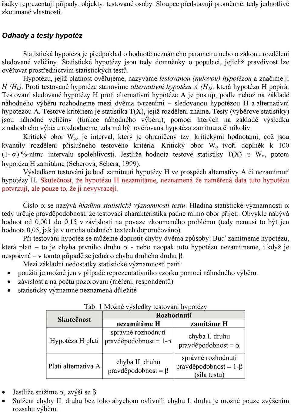 Statstcké hypotézy jsou tedy doměky o populac, jejchž pravdvost lze ověřovat prostředctvím statstckých testů.