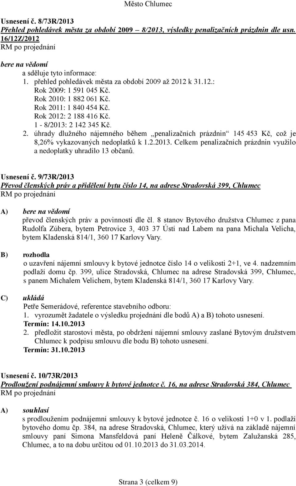 2.2013. Celkem penalizačních prázdnin využilo a nedoplatky uhradilo 13 občanů. Usnesení č.
