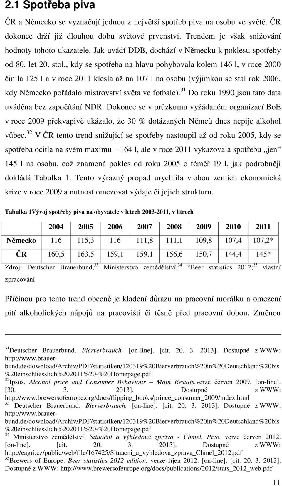 , kdy se spotřeba na hlavu pohybovala kolem 146 l, v roce 2000 činila 125 l a v roce 2011 klesla až na 107 l na osobu (výjimkou se stal rok 2006, kdy Německo pořádalo mistrovství světa ve fotbale).