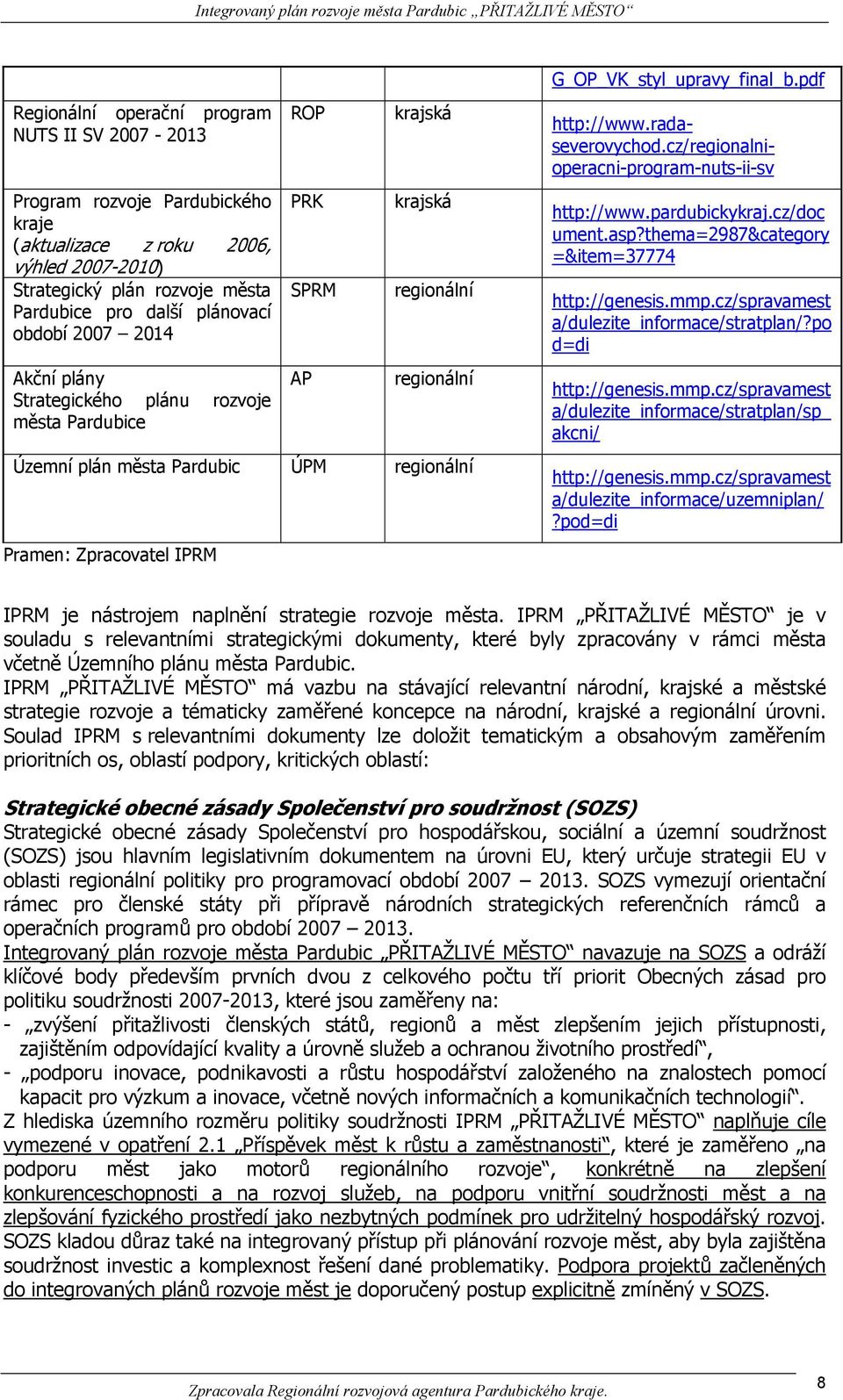 2007 2014 Akční plány Strategického plánu rozvoje města Pardubice ROP PRK SPRM AP krajská krajská regionální regionální Územní plán města Pardubic ÚPM regionální Pramen: Zpracovatel IPRM http://www.