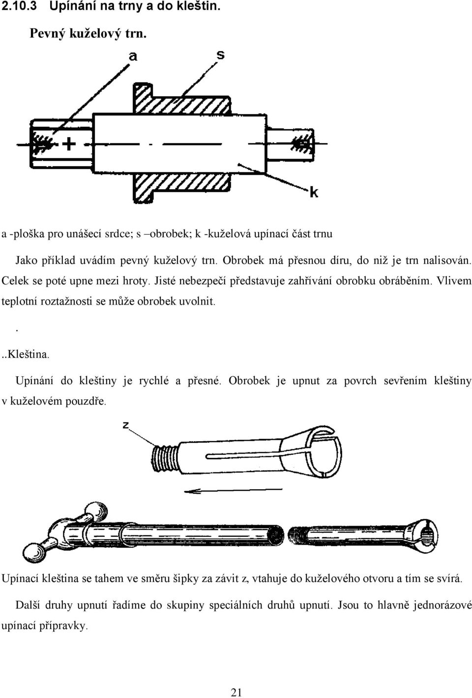 Vlivem teplotní roztažnosti se může obrobek uvolnit....kleština. Upínání do kleštiny je rychlé a přesné. Obrobek je upnut za povrch sevřením kleštiny v kuželovém pouzdře.