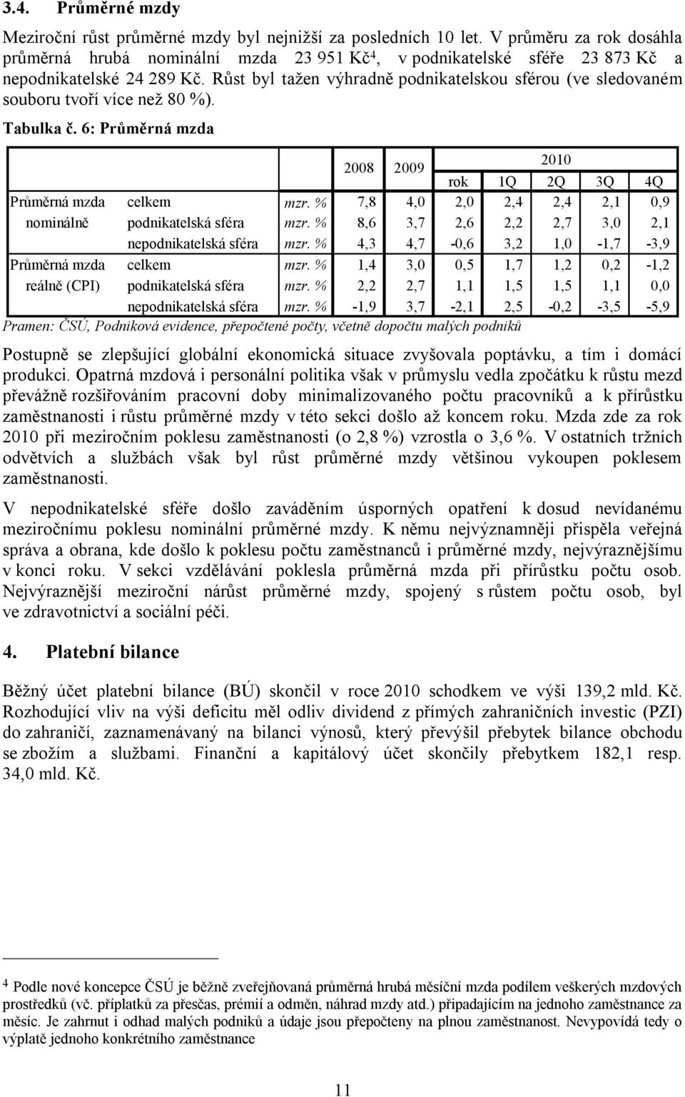 Růst byl tažen výhradně podnikatelskou sférou (ve sledovaném souboru tvoří více než 80 %). Tabulka č. 6: Průměrná mzda 2008 2009 2010 rok 1Q 2Q 3Q 4Q Průměrná mzda celkem mzr.