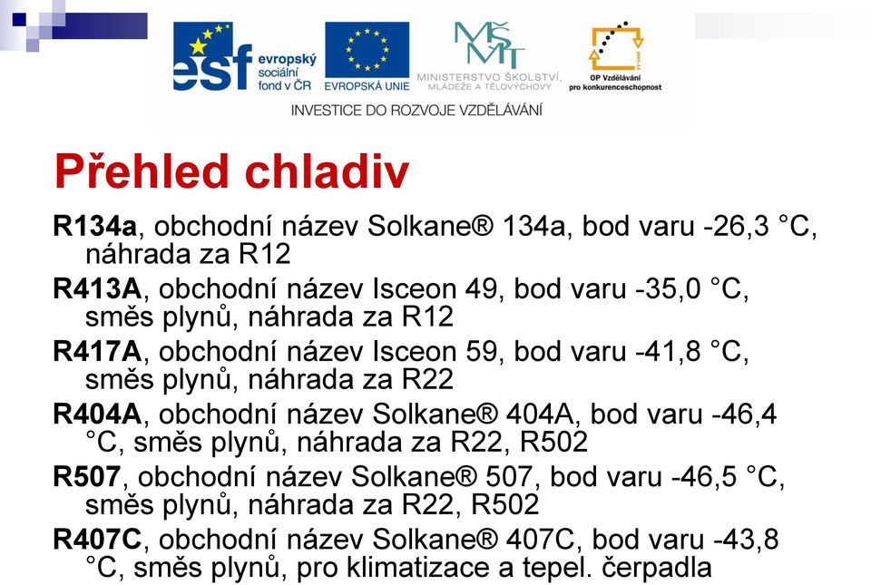 obchodní název Solkane 404A, bod varu -46,4 C, směs plynů, náhrada za R22, R502 R507, obchodní název Solkane 507, bod varu