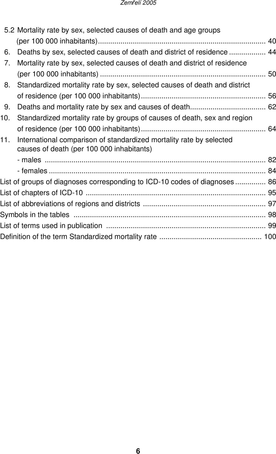 Standardized mortality rate by sex, selected causes of death and district of residence (per 100 000 inhabitants)... 56 9. Deaths and mortality rate by sex and causes of death... 62 10.