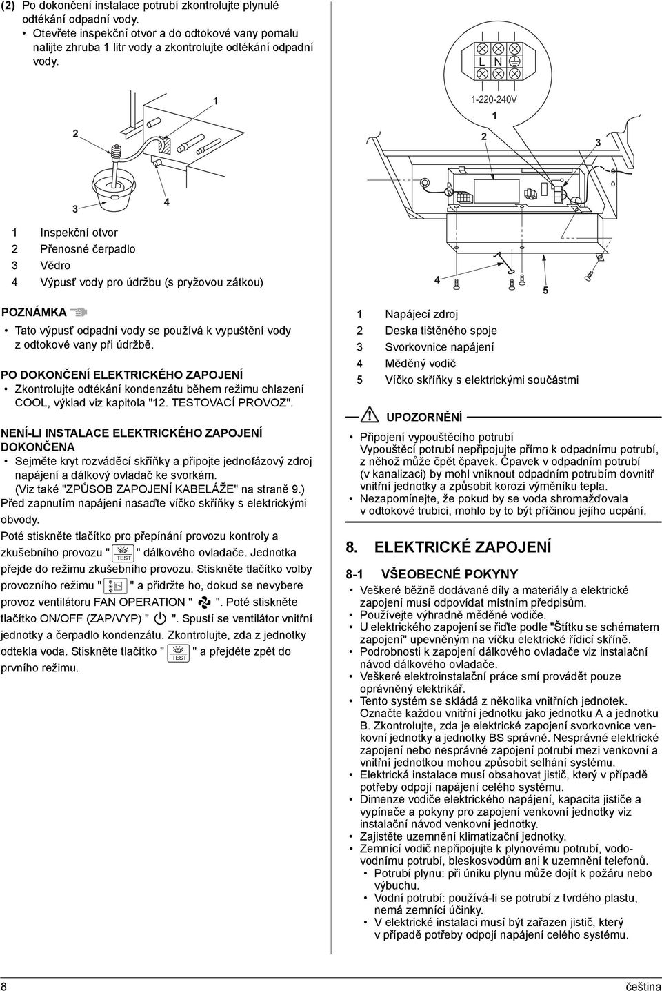 PO DOKONČENÍ ELEKTRICKÉHO ZAPOJENÍ Zkontrolujte odtékání kondenzátu během režimu chlazení COOL, výklad viz kapitola ". TESTOVACÍ PROVOZ".