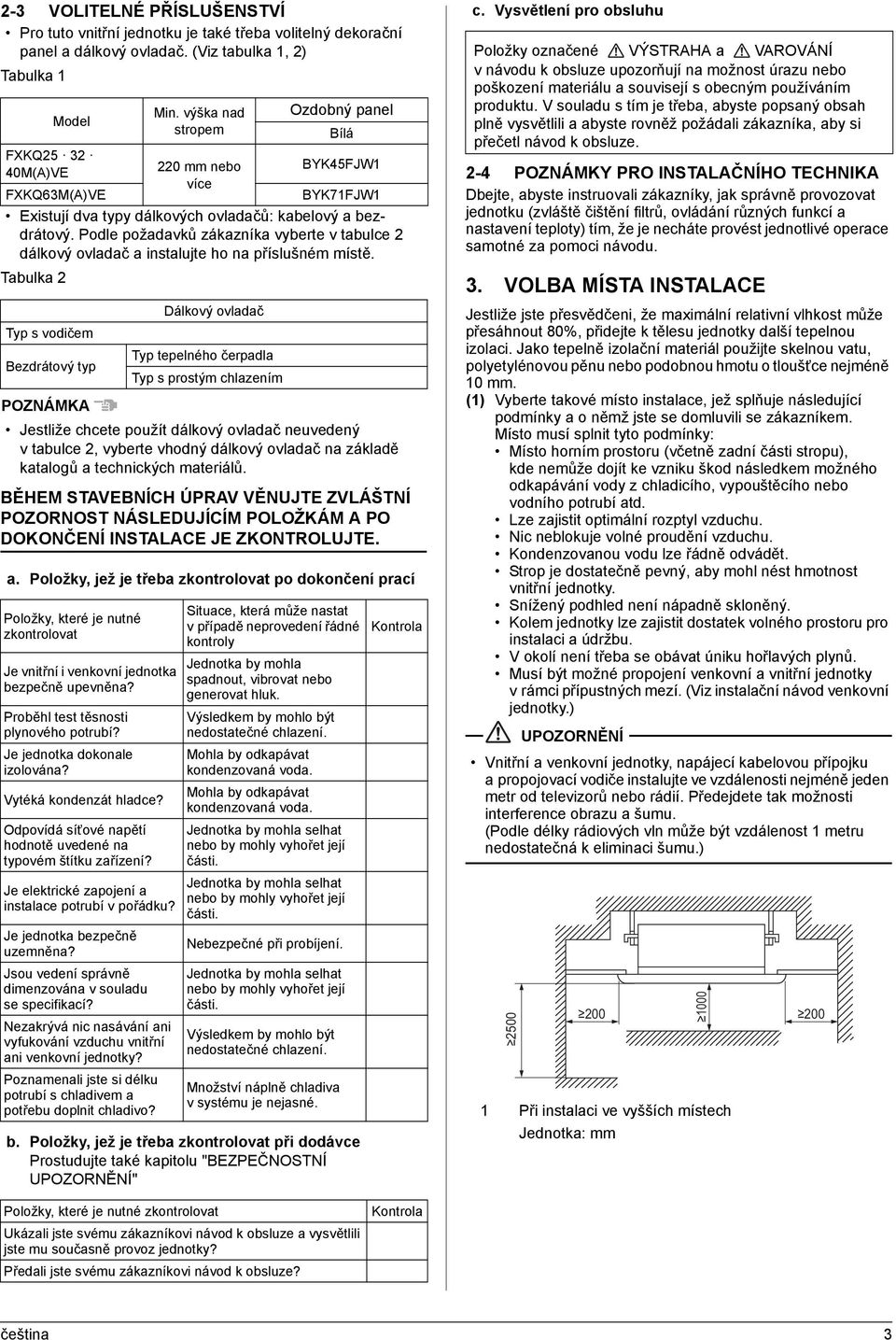 Podle požadavků zákazníka vyberte v tabulce dálkový ovladač a instalujte ho na příslušném místě. Tabulka Typ s vodičem Bezdrátový typ Min.