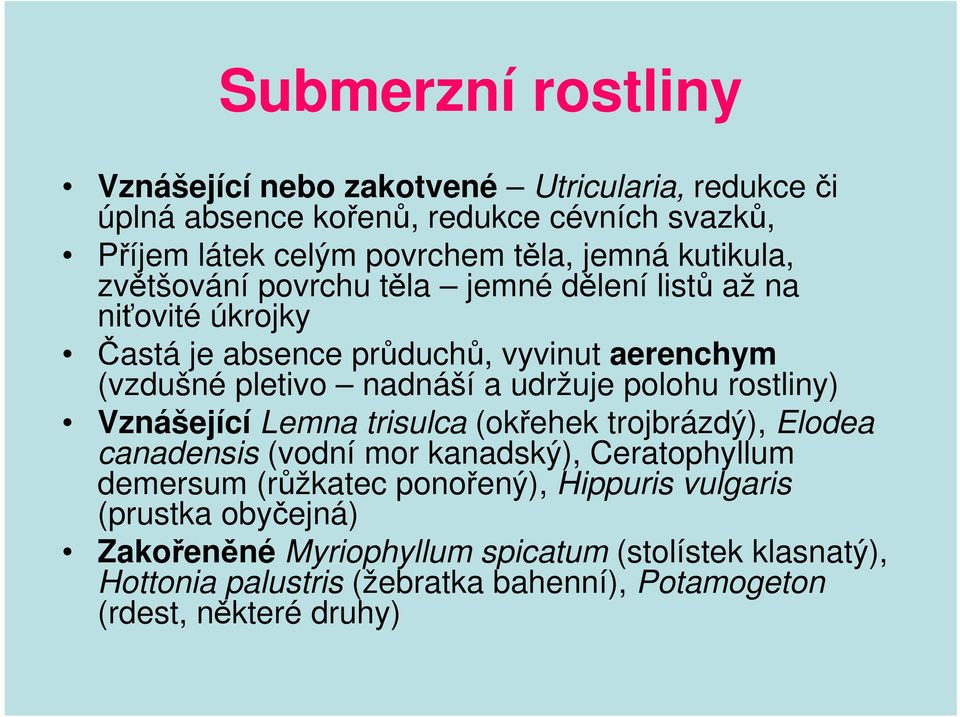 polohu rostliny) Vznášející Lemna trisulca (okřehek trojbrázdý), Elodea canadensis (vodní mor kanadský), Ceratophyllum demersum (růžkatec ponořený),