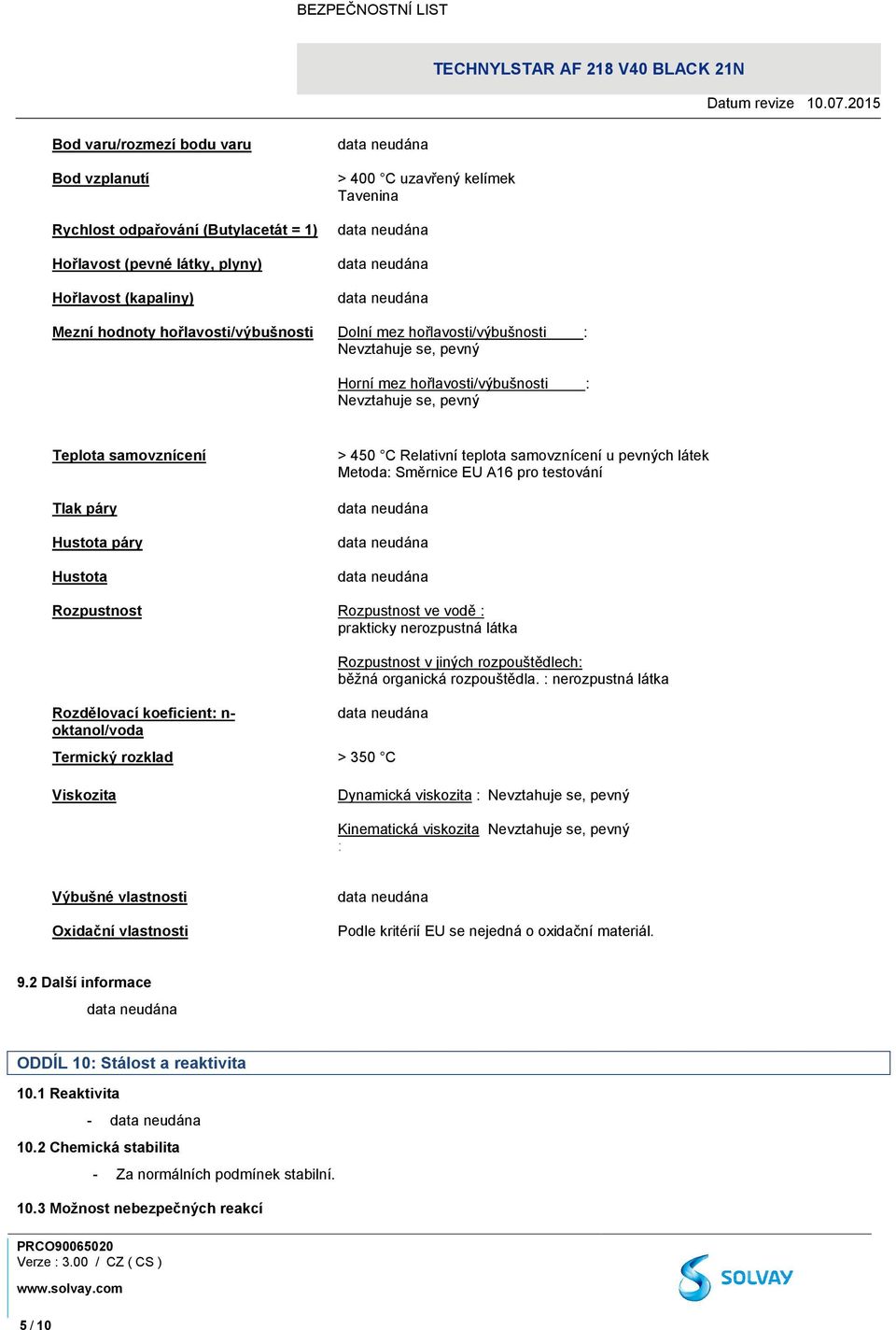 Relativní teplota samovznícení u pevných látek Metoda: Směrnice EU A16 pro testování Rozpustnost Rozpustnost ve vodě : prakticky nerozpustná látka Rozdělovací koeficient: n- oktanol/voda Rozpustnost