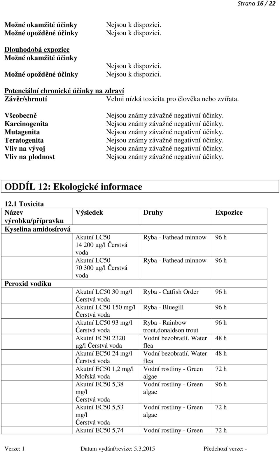 1 Toxicita Název výrobku/přípravku Kyselina amidosírová Peroxid vodíku Výsledek Druhy Expozice Akutní LC50 14 200 µg/l Čerstvá voda Akutní LC50 70 300 µg/l Čerstvá voda Ryba - Fathead minnow Ryba -