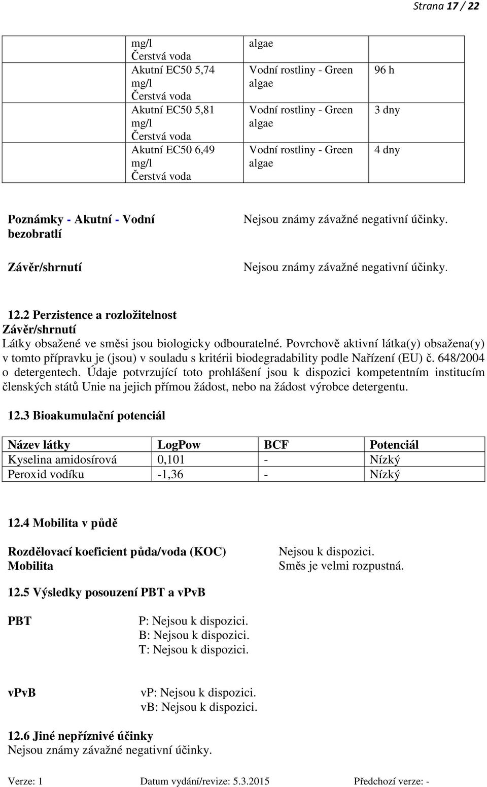 2 Perzistence a rozložitelnost Závěr/shrnutí Látky obsažené ve směsi jsou biologicky odbouratelné.