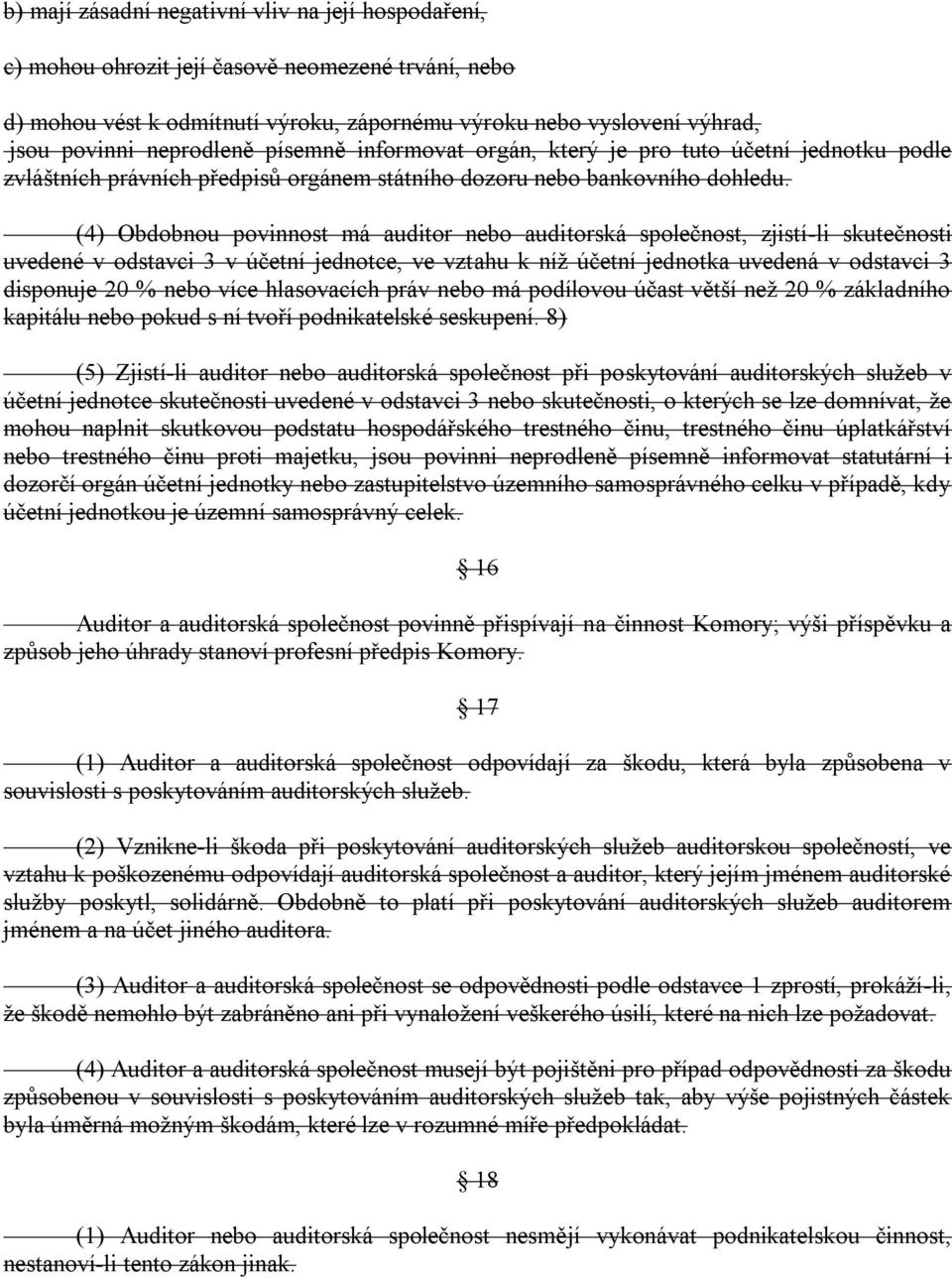 (4) Obdobnou povinnost má auditor nebo auditorská společnost, zjistí-li skutečnosti uvedené v odstavci 3 v účetní jednotce, ve vztahu k níţ účetní jednotka uvedená v odstavci 3 disponuje 20 % nebo