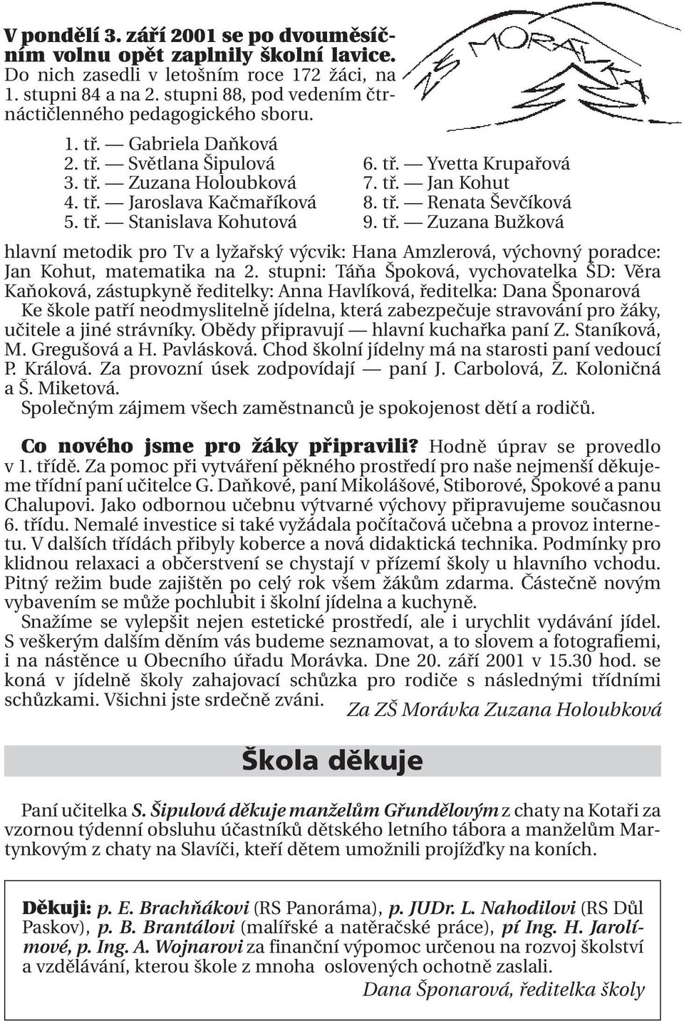 tř. Renata Ševčíková 5. tř. Stanislava Kohutová 9. tř. Zuzana Bužková hlavní metodik pro Tv a lyžařský výcvik: Hana Amzlerová, výchovný poradce: Jan Kohut, matematika na 2.
