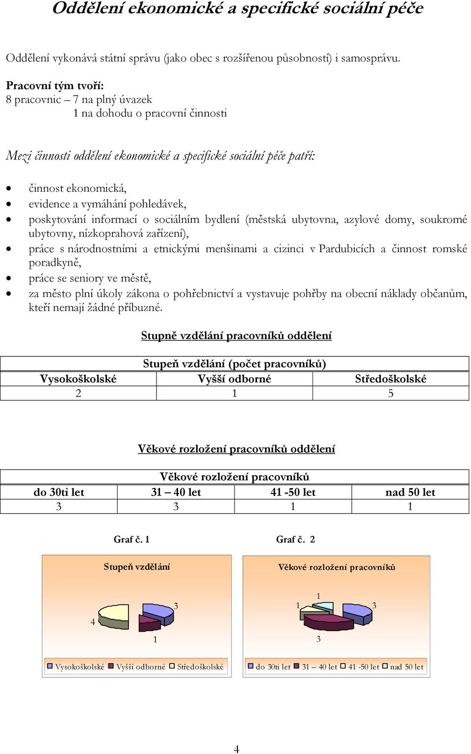 pohledávek, poskytování informací o sociálním bydlení (městská ubytovna, azylové domy, soukromé ubytovny, nízkoprahová zařízení), práce s národnostními a etnickými menšinami a cizinci v Pardubicích a