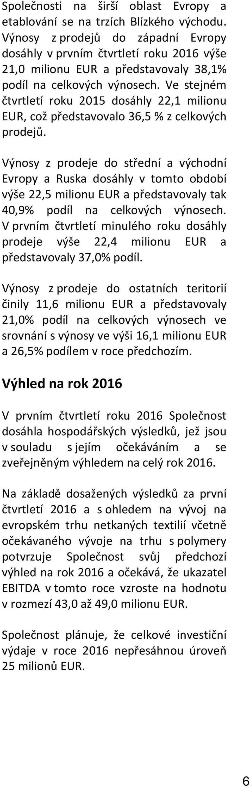 Ve stejném čtvrtletí roku 2015 dosáhly 22,1 milionu EUR, což představovalo 36,5 % z celkových prodejů.