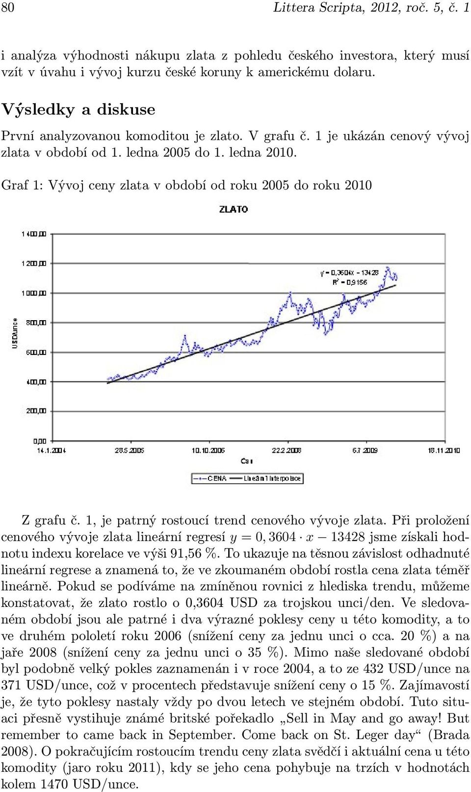 Graf 1: Vývoj ceny zlata v období od roku 2005 do roku 2010 Z grafu č. 1, je patrný rostoucí trend cenového vývoje zlata.