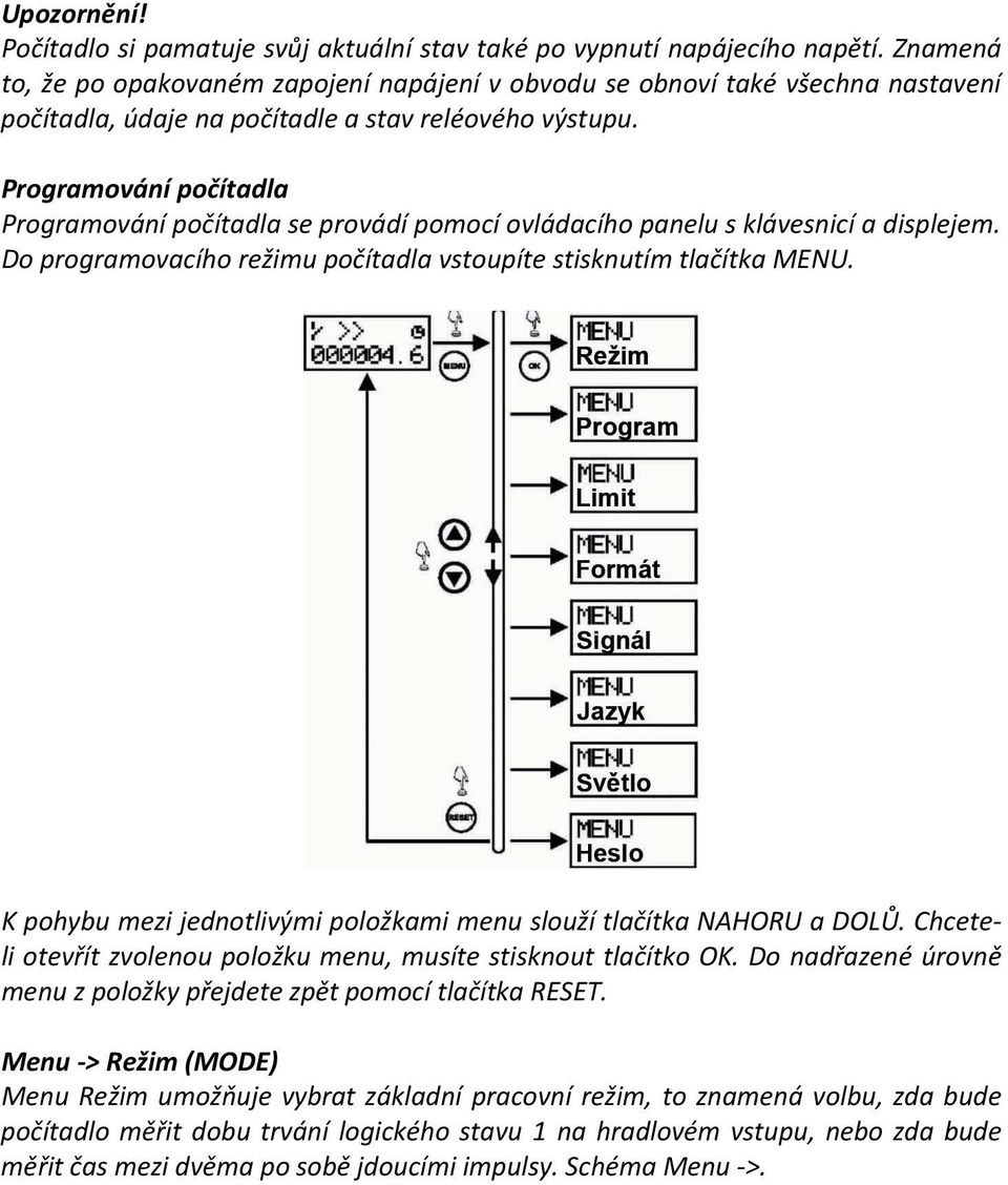 Programování počítadla Programování počítadla se provádí pomocí ovládacího panelu s klávesnicí a displejem. Do programovacího režimu počítadla vstoupíte stisknutím tlačítka MENU.